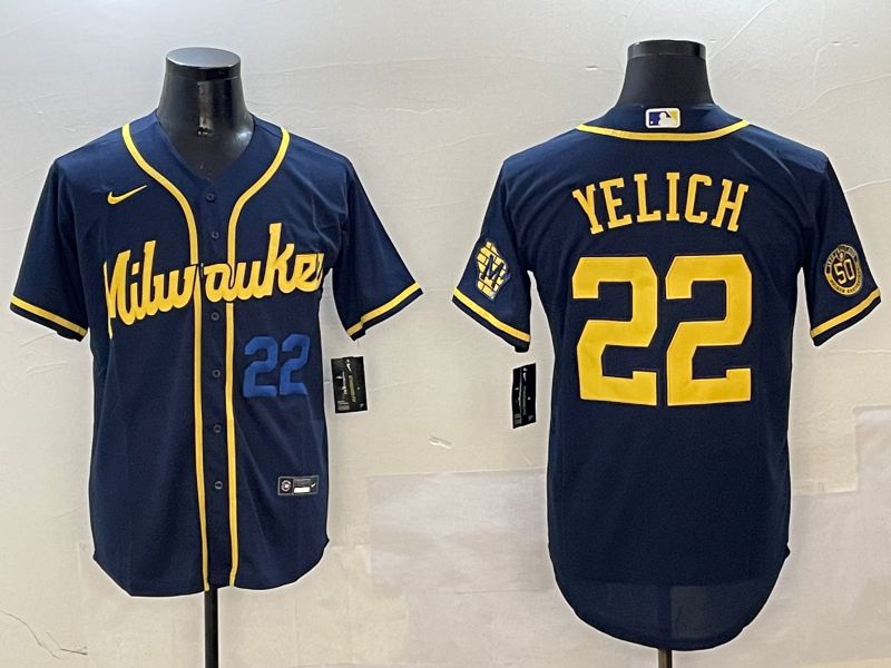 Men Milwaukee Brewers #22 Yelich Drak Blue Game 2025 Nike MLB Jersey style 03092